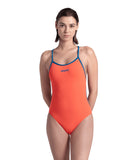 arena Performance Women's Solid Lace Back Swimsuit Bright Coral-Blue Cosmo