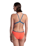 arena Performance Women's Solid Lace Back Swimsuit Bright Coral-Blue Cosmo
