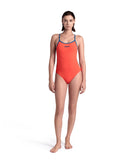 arena Performance Women's Solid Lace Back Swimsuit Bright Coral-Blue Cosmo