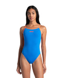 arena Performance Women's Solid Lace Back Swimsuit Blue Rive-Bright Coral