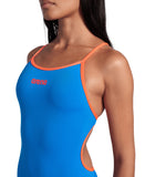 arena Performance Women's Solid Lace Back Swimsuit Blue Rive-Bright Coral